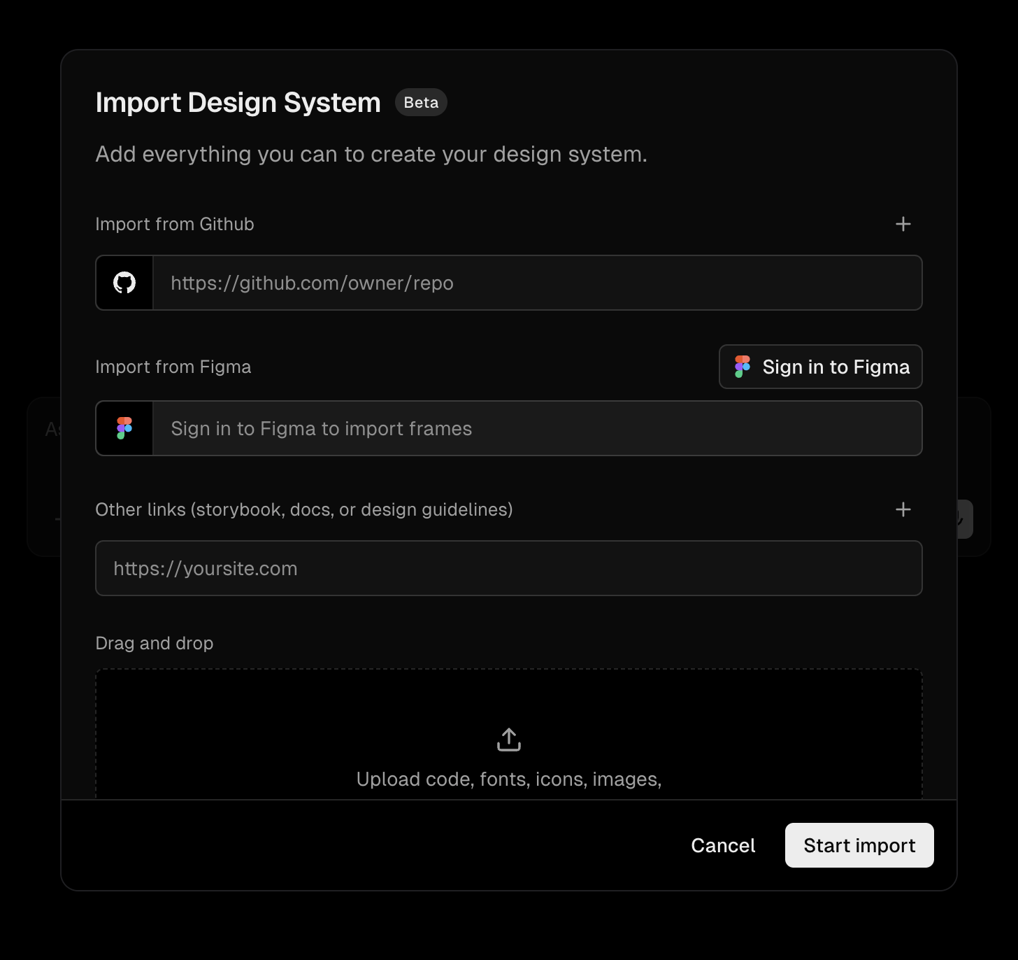 Import Design System form with GitHub, Figma, links, attachments, and notes