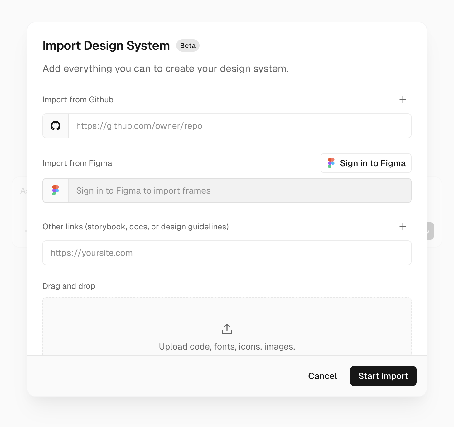 Import Design System form with GitHub, Figma, links, attachments, and notes